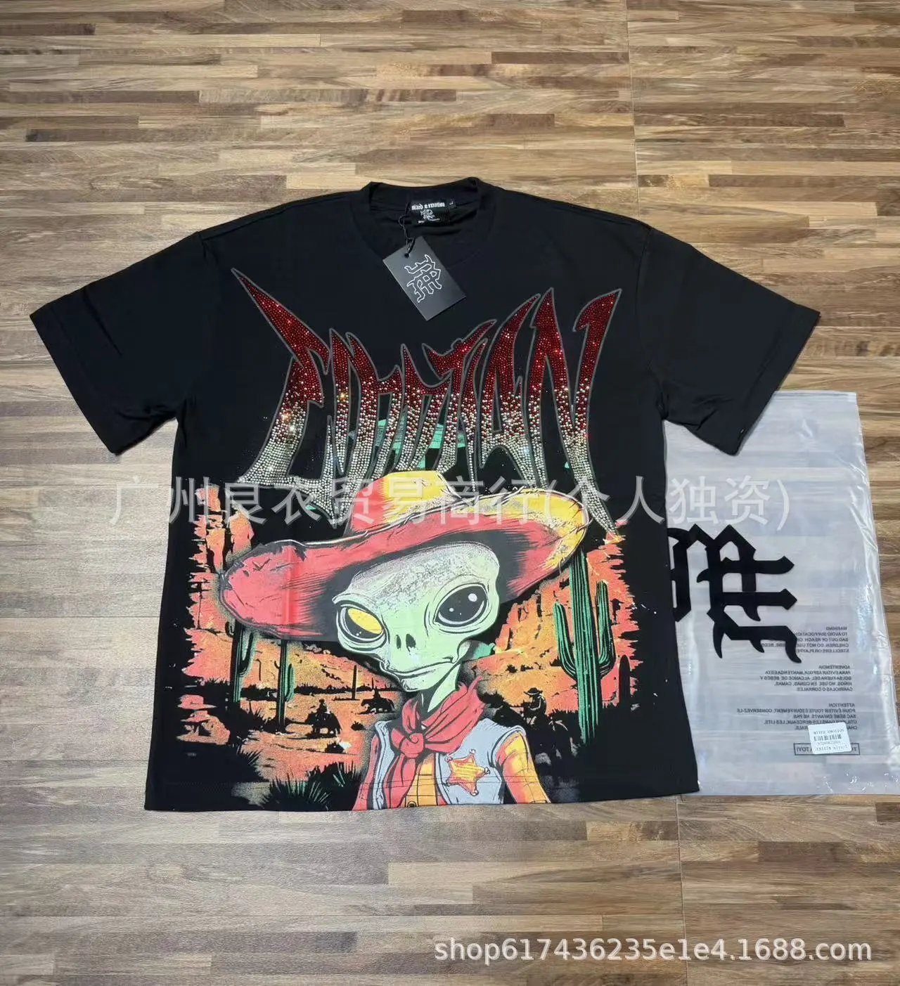 Design Mind & Motion Alien Cowboy Rhinestone Graphic T-Shirt Black T-Shirts - 1
