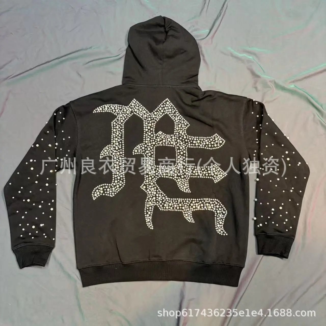 Design Rhinestone Embroidered Hoodie and Sweatpants Set Black - 11