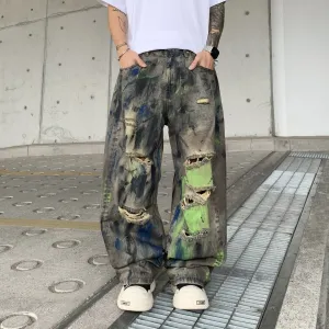Design Distressed Paint-Splatter Wide-Leg Jeans