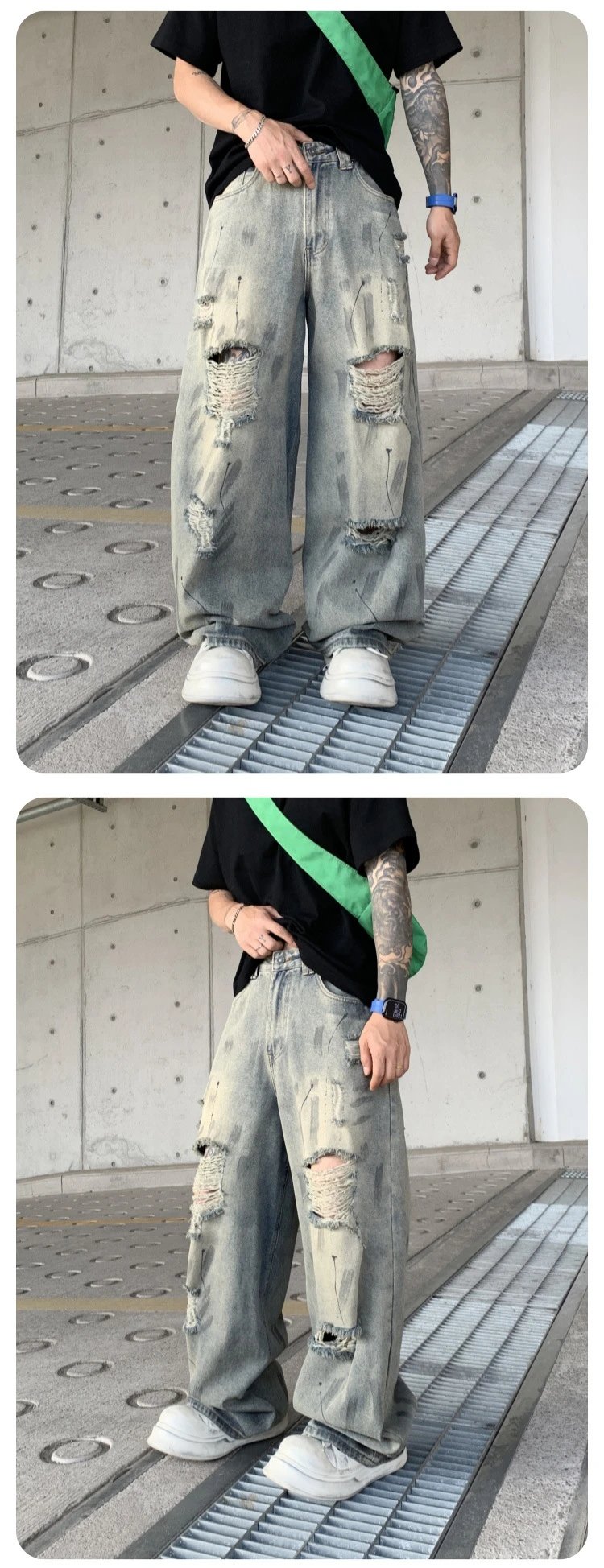 Design Distressed Oversized Baggy Jeans Gray - 34