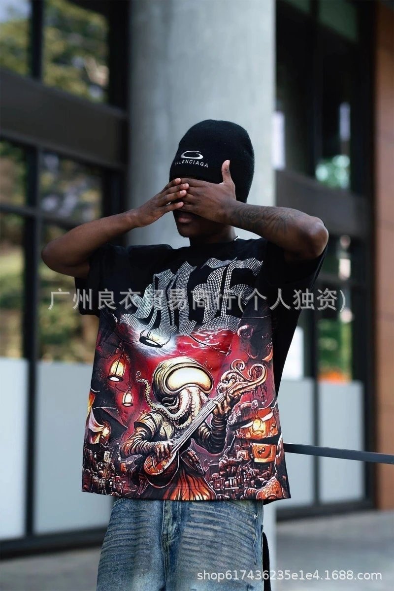 Design Graphic Print Palm Tree Alien T-Shirt Black - 3