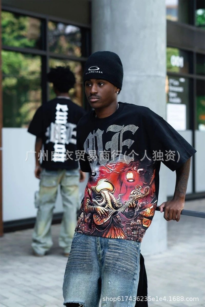 Design Graphic Print Palm Tree Alien T-Shirt Black - 8