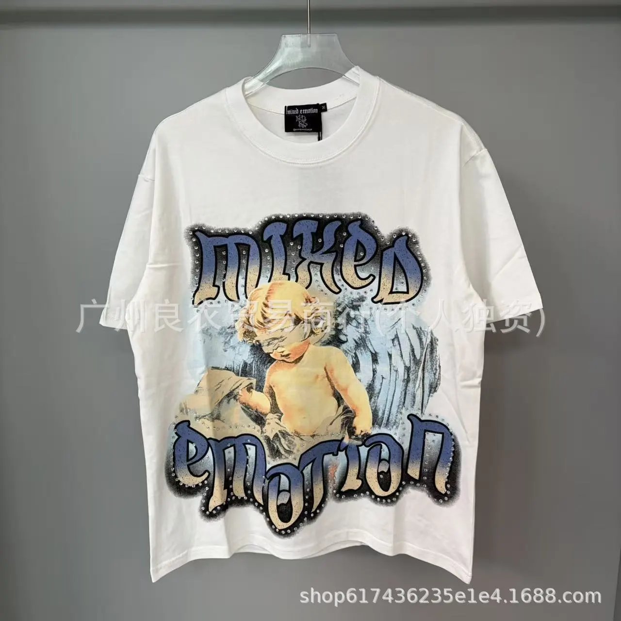 Design Mixed Emotion Angel Print Oversized T-Shirt White T-Shirts - 13