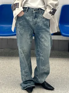 Design Floral Washed Wide-Leg Jeans Blue