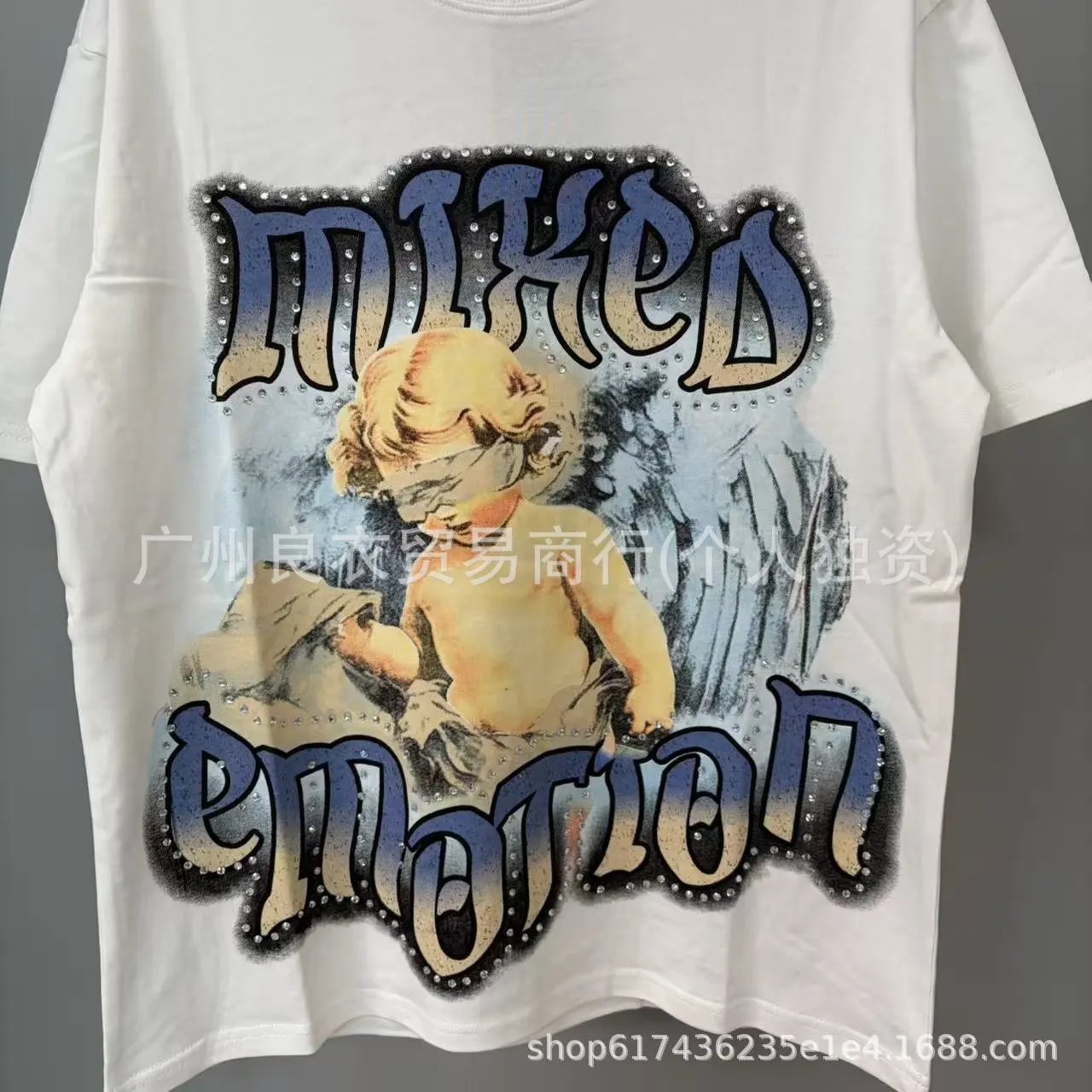 Design Mixed Emotion Angel Print Oversized T-Shirt White T-Shirts - 11