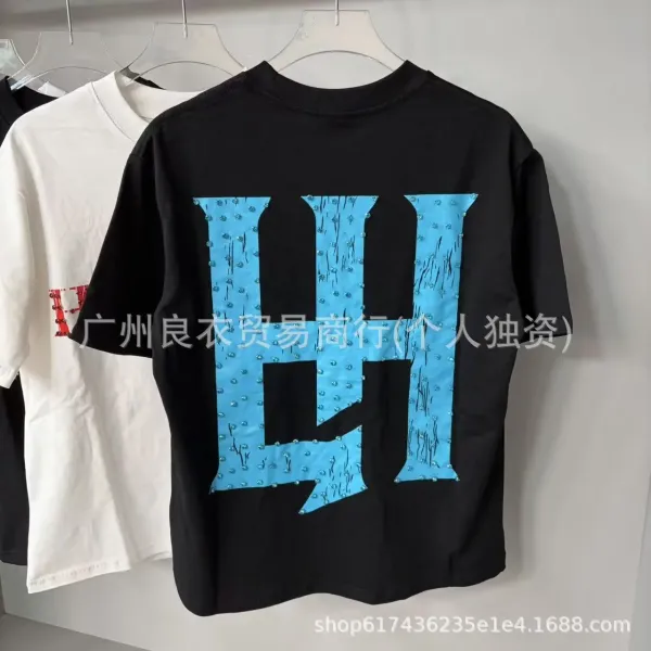 Design H Logo Embellished Blue Rhinestone Graphic T-Shirt Black - 1