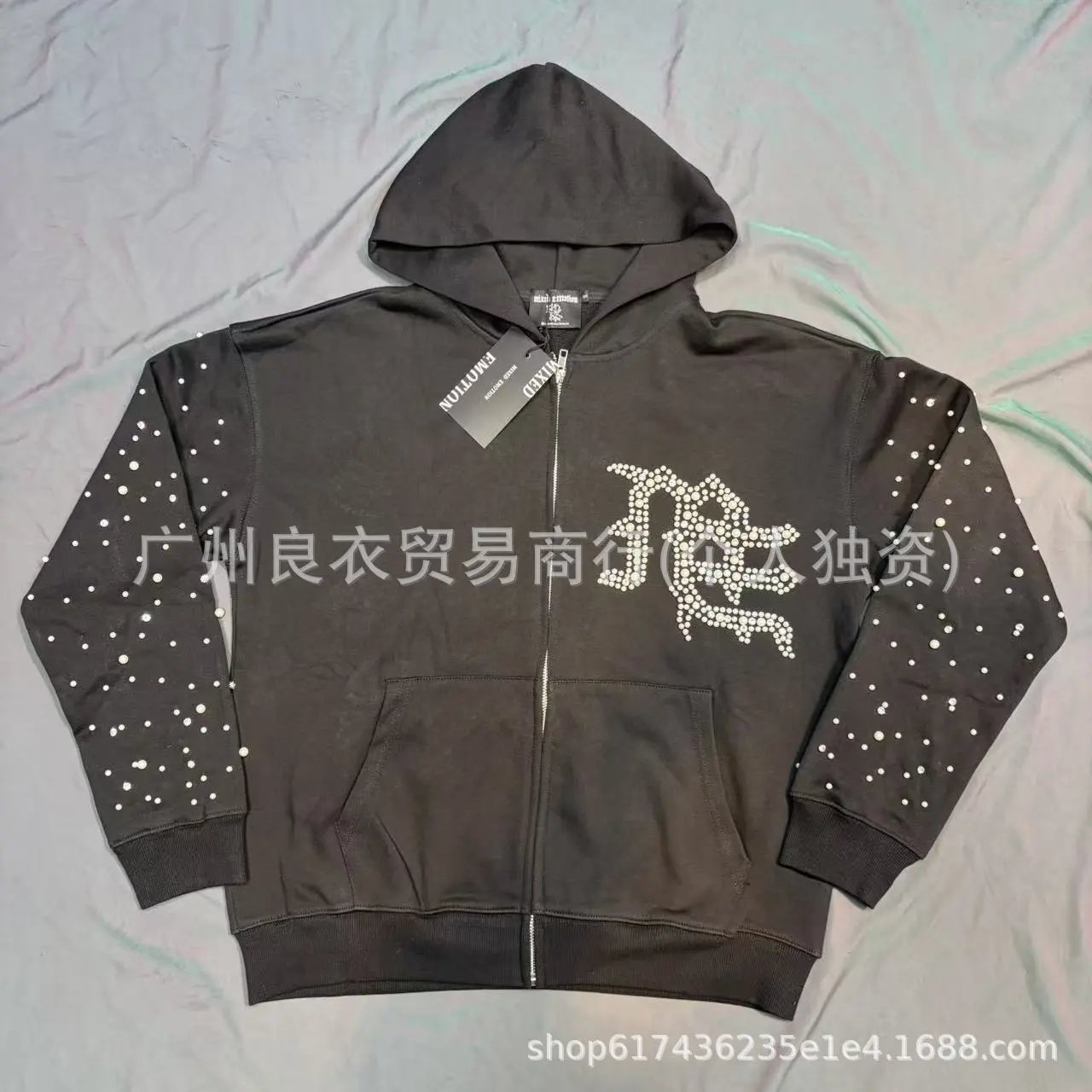 Design Rhinestone Embroidered Hoodie and Sweatpants Set Black - 10