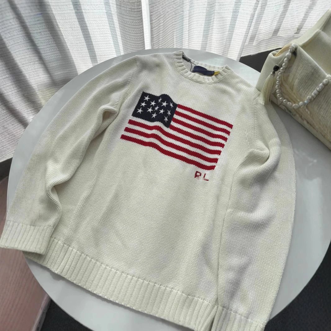 Polo Ralph Lauren Flag Knit Sweater White And Navy Patriotic Crewneck