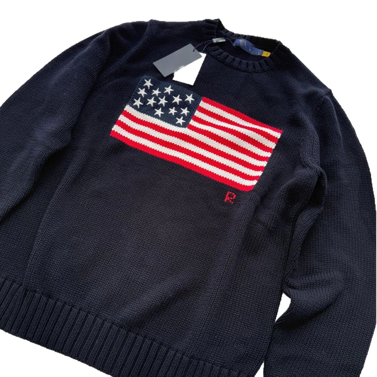 Polo Ralph Lauren Flag Knit Sweater White And Navy Patriotic Crewneck