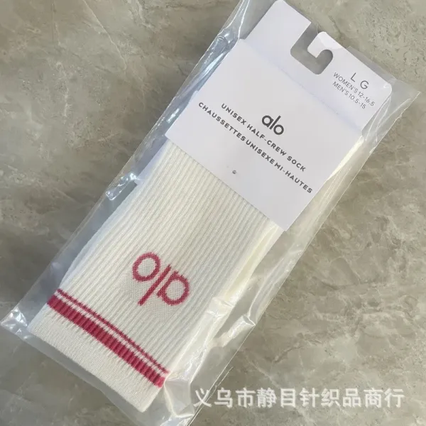 Alo Yoga Unisex Half-Crew Sock White with Light Blue Logo - 12