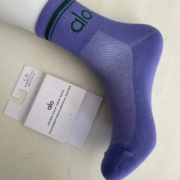 Alo Yoga Unisex Half-Crew Sock White with Light Blue Logo - 6