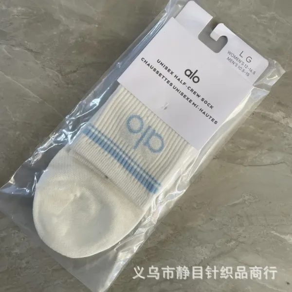 Alo Yoga Unisex Half-Crew Sock White with Blue Logo - 1