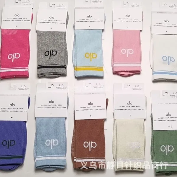 Alo Yoga Unisex Half-Crew Sock White with Light Blue Logo - 5