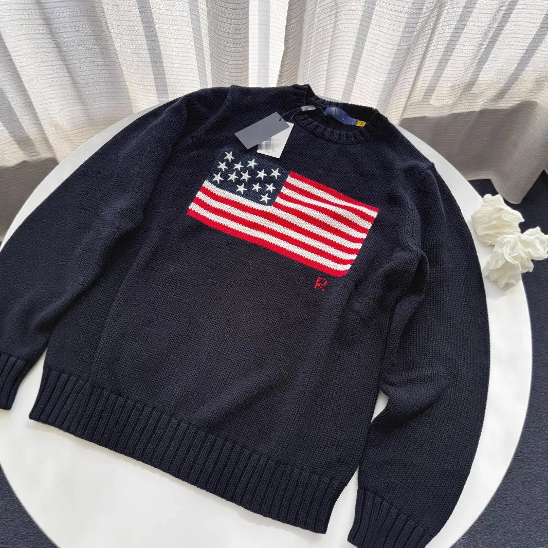 Polo Ralph Lauren Flag Knit Sweater White And Navy Patriotic Crewneck