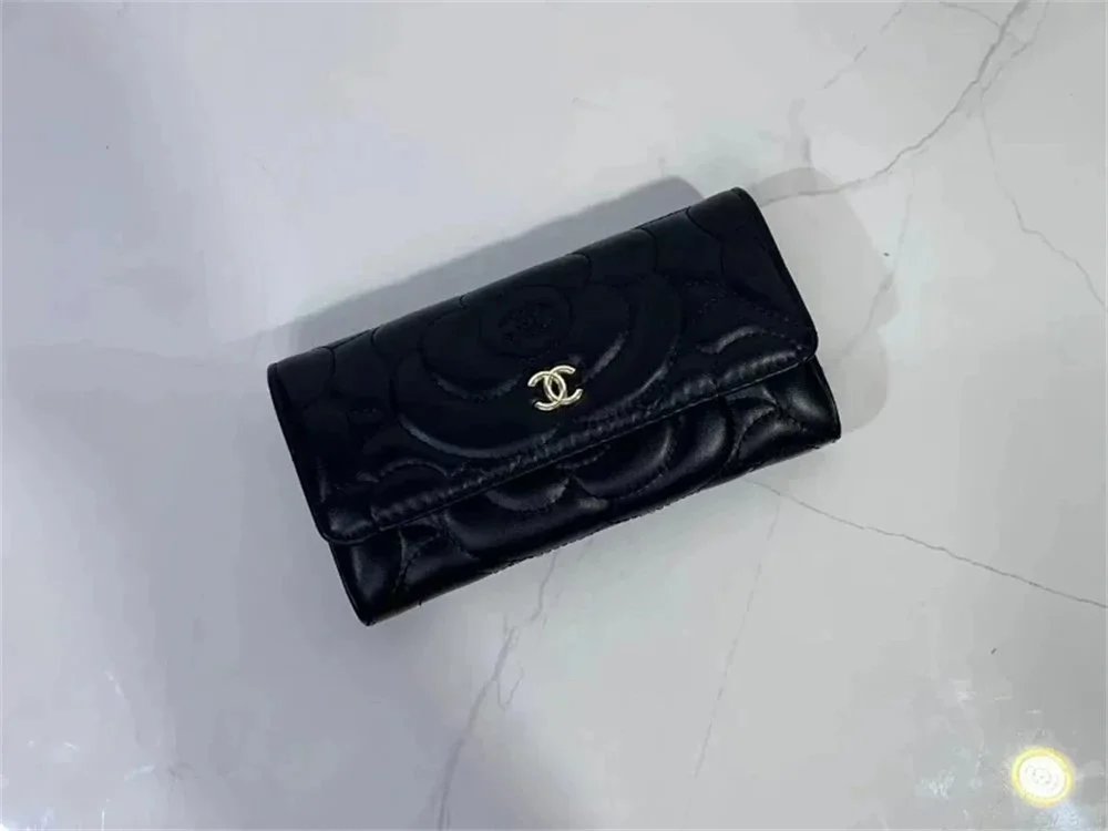 Chanel Camellia Quilted Leather Long Flap Wallet Black