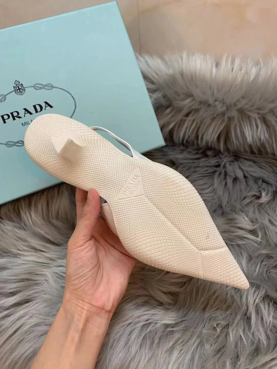 Prada High Heels Pointed-Toe Slingback Pumps with Triangle Logo Plaque image 4