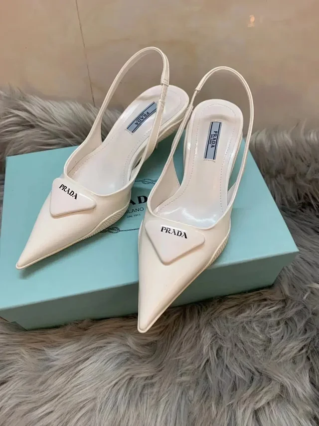 Prada High Heels Pointed-Toe Slingback Pumps with Triangle Logo Plaque product detail image 2
