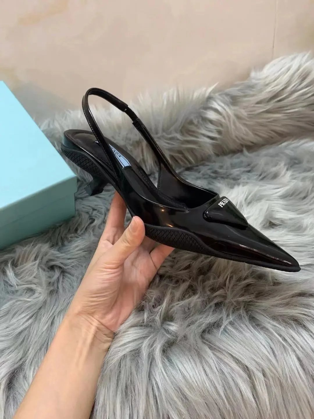 Prada High Heels Pointed-Toe Slingback Pumps with Triangle Logo Plaque image 6