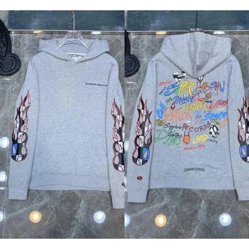 Chrome Hearts x Dior Collaboration Flame Sleeve Graphic Hoodie Gray - 1