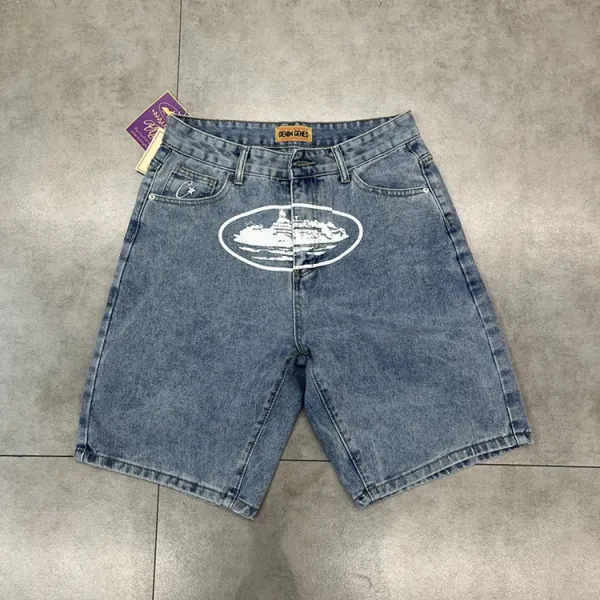 Design Denim Genes Cruise Ship Print Denim Shorts Blue Shorts - 1