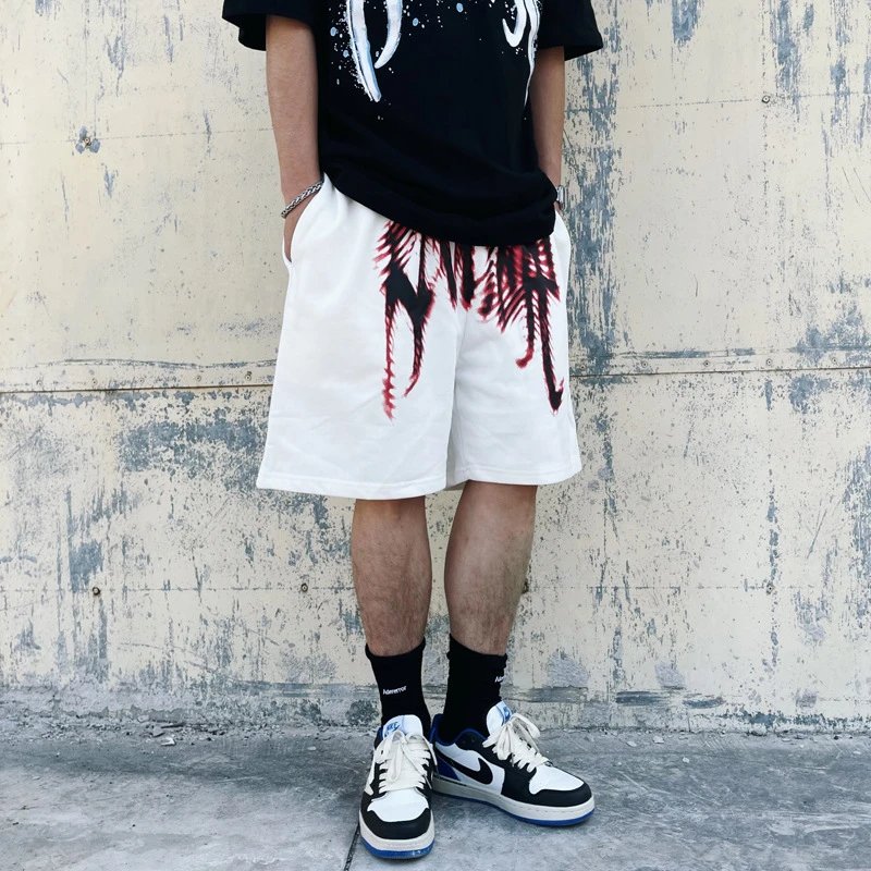 Handprint Graphic Off-White Drawstring Shorts