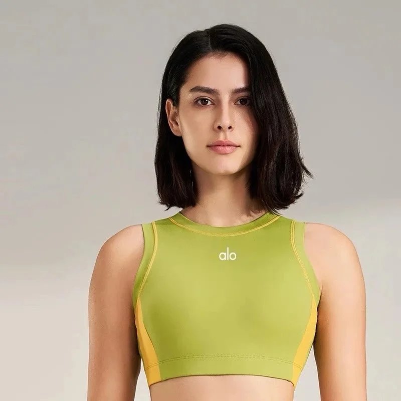 Alo Underwear Color-Block High-Neck Sports Bra — Green