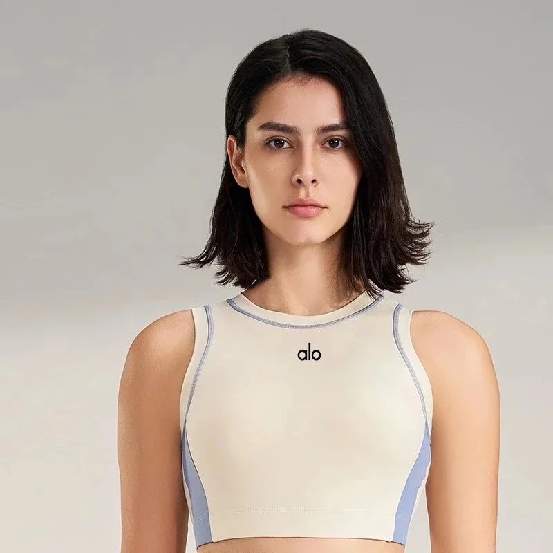 Alo Underwear Color-Block High-Neck Sports Bra — Blue