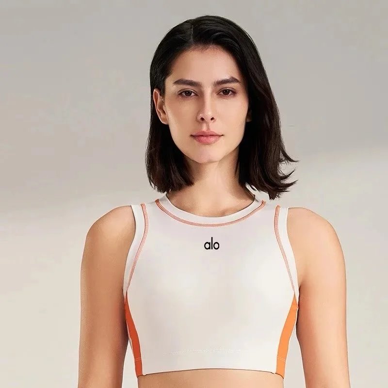 Alo Underwear Color-Block High-Neck Sports Bra — Orange-red