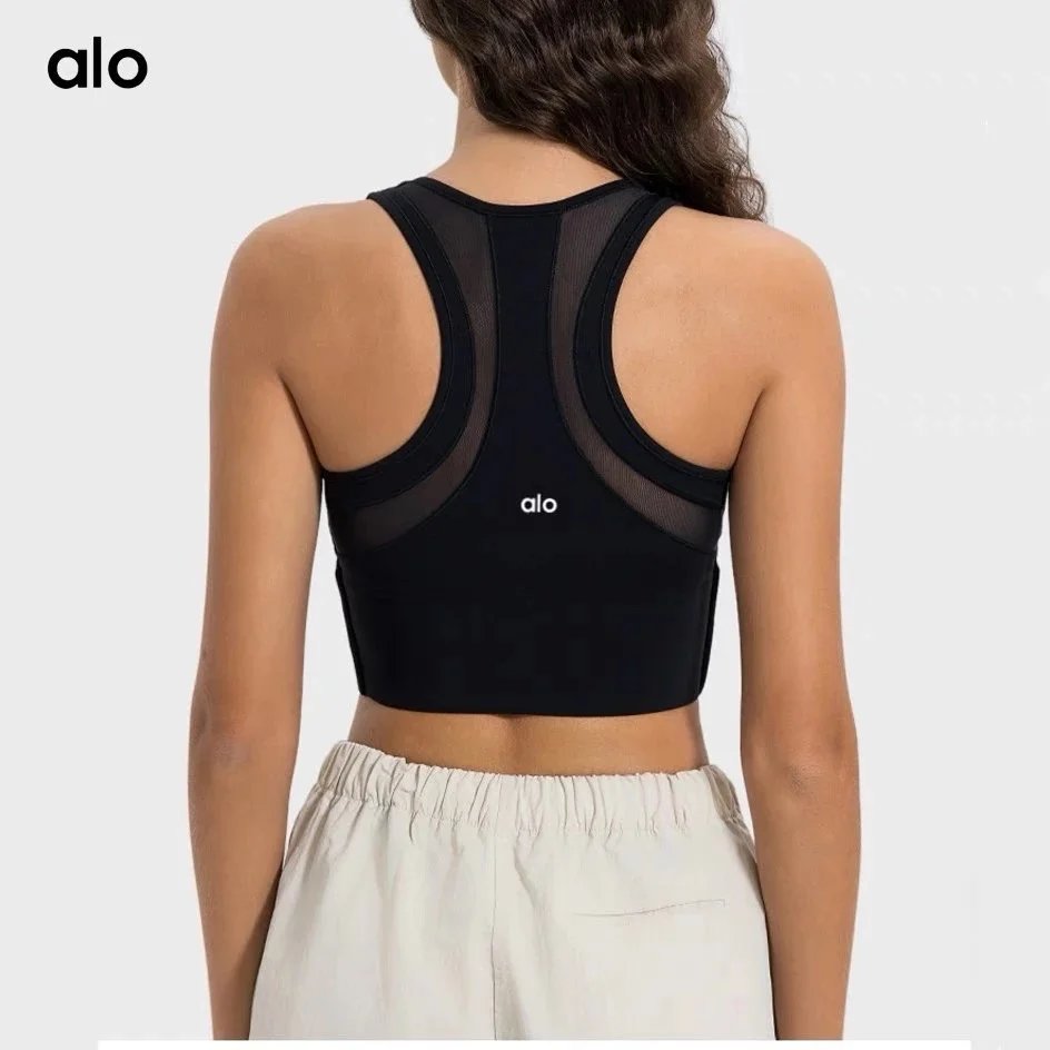 Alo Underwear Zip-Front Mesh Racerback Sports Bra — Black