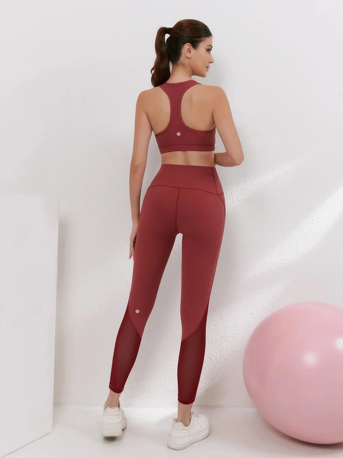 lululemon Matching Sets Racerback Sports Bra and Mesh-Panel Leggings Set — Wine red