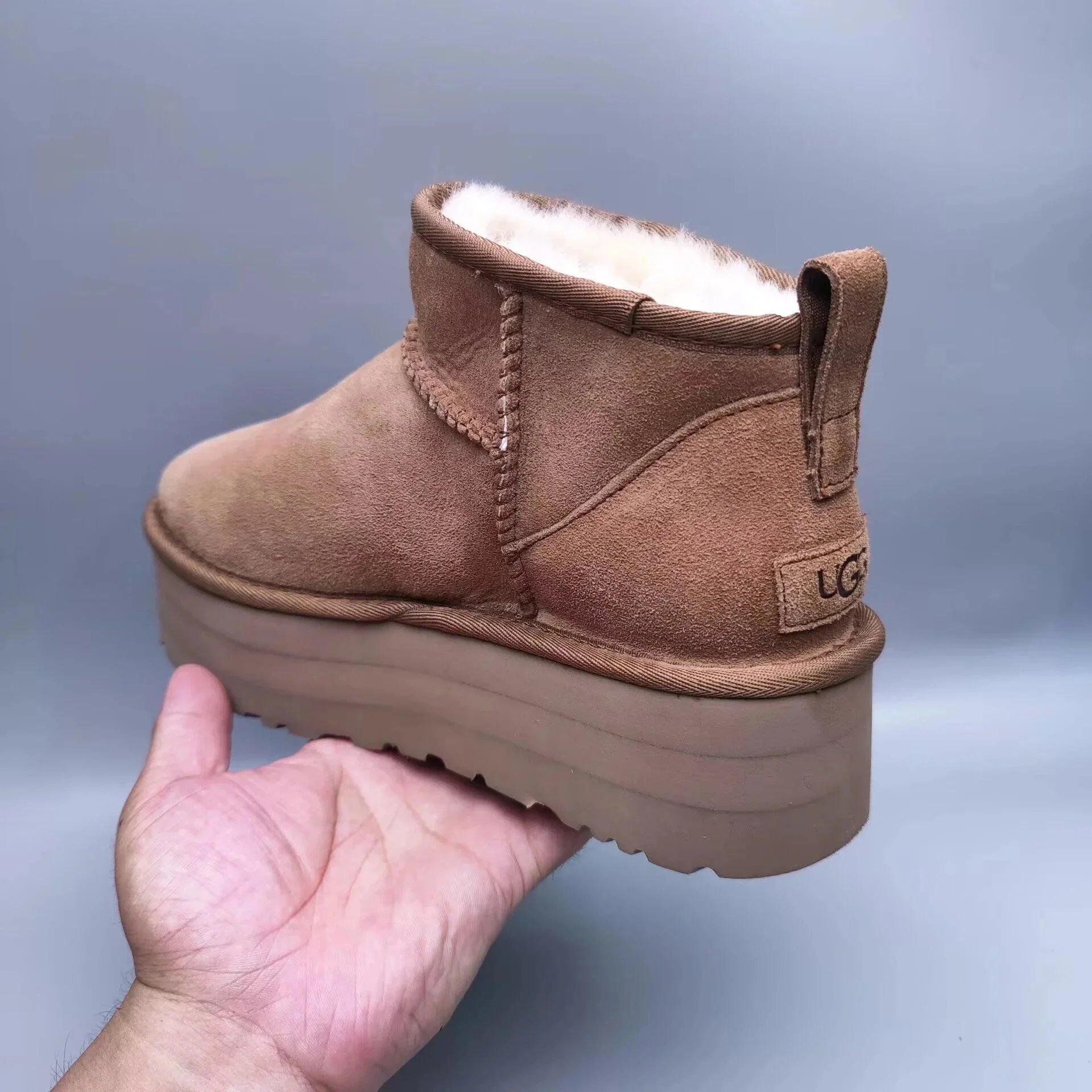 UGG Fluff Platform Slipper Beige Suede Slippers - 7
