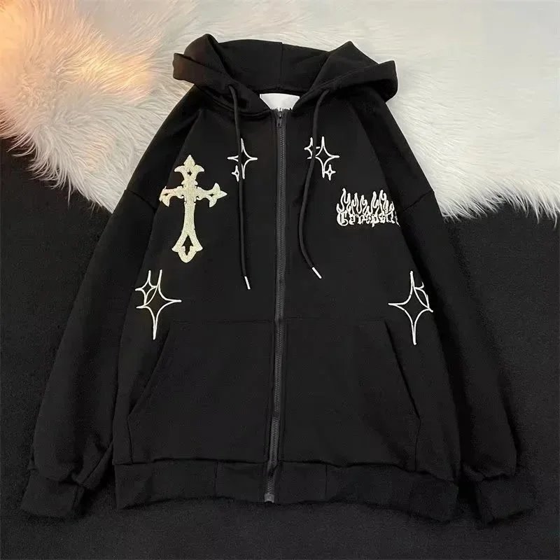 Design Embroidered Cross and Flames Hoodie Cream - 3