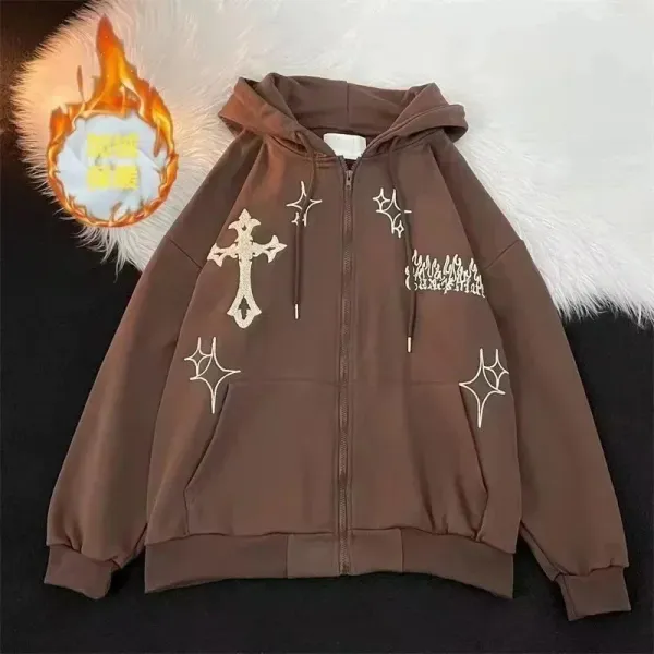 Design Embroidered Cross and Star Hoodie Brown - 1