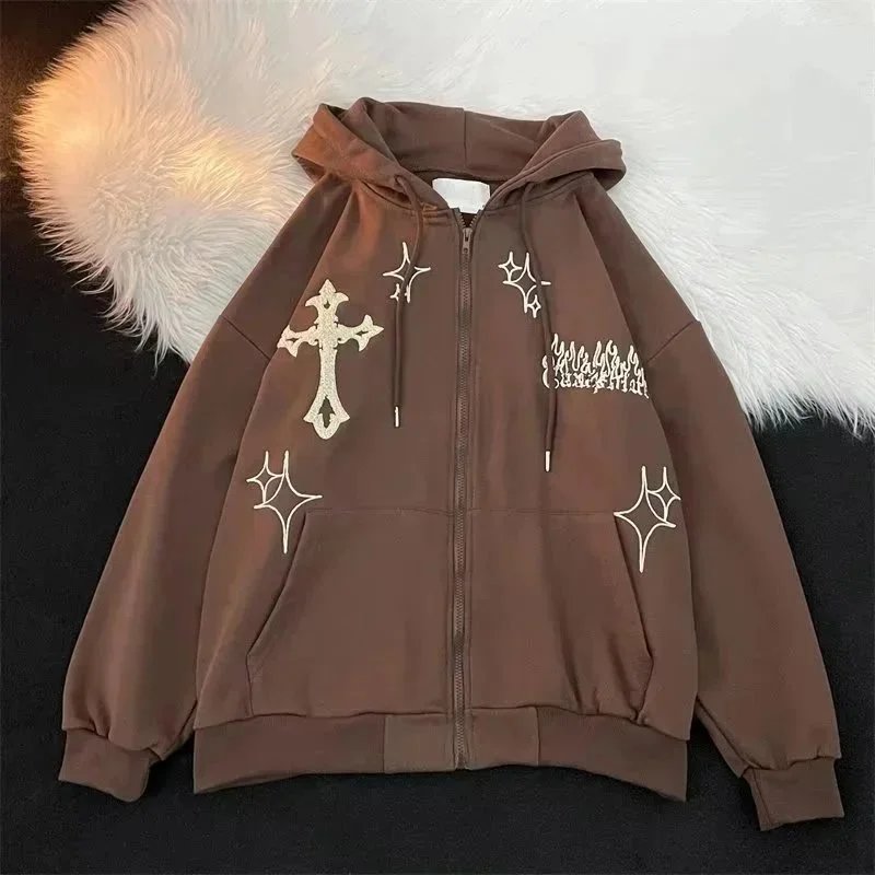 Design Embroidered Cross and Flames Hoodie Cream - 5