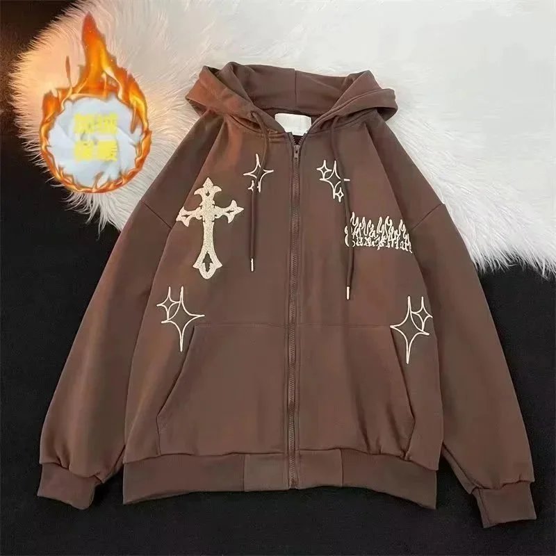Design Embroidered Cross and Flames Hoodie Cream - 14