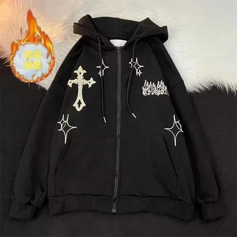 Design Embroidered Cross and Flames Hoodie Cream - 12