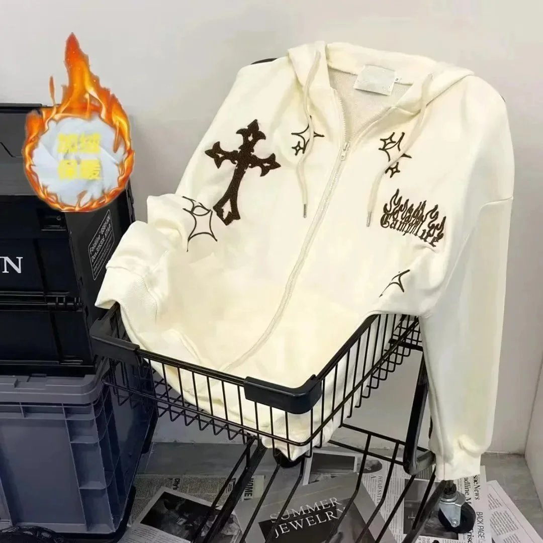 Design Embroidered Cross and Flames Hoodie Cream - 13