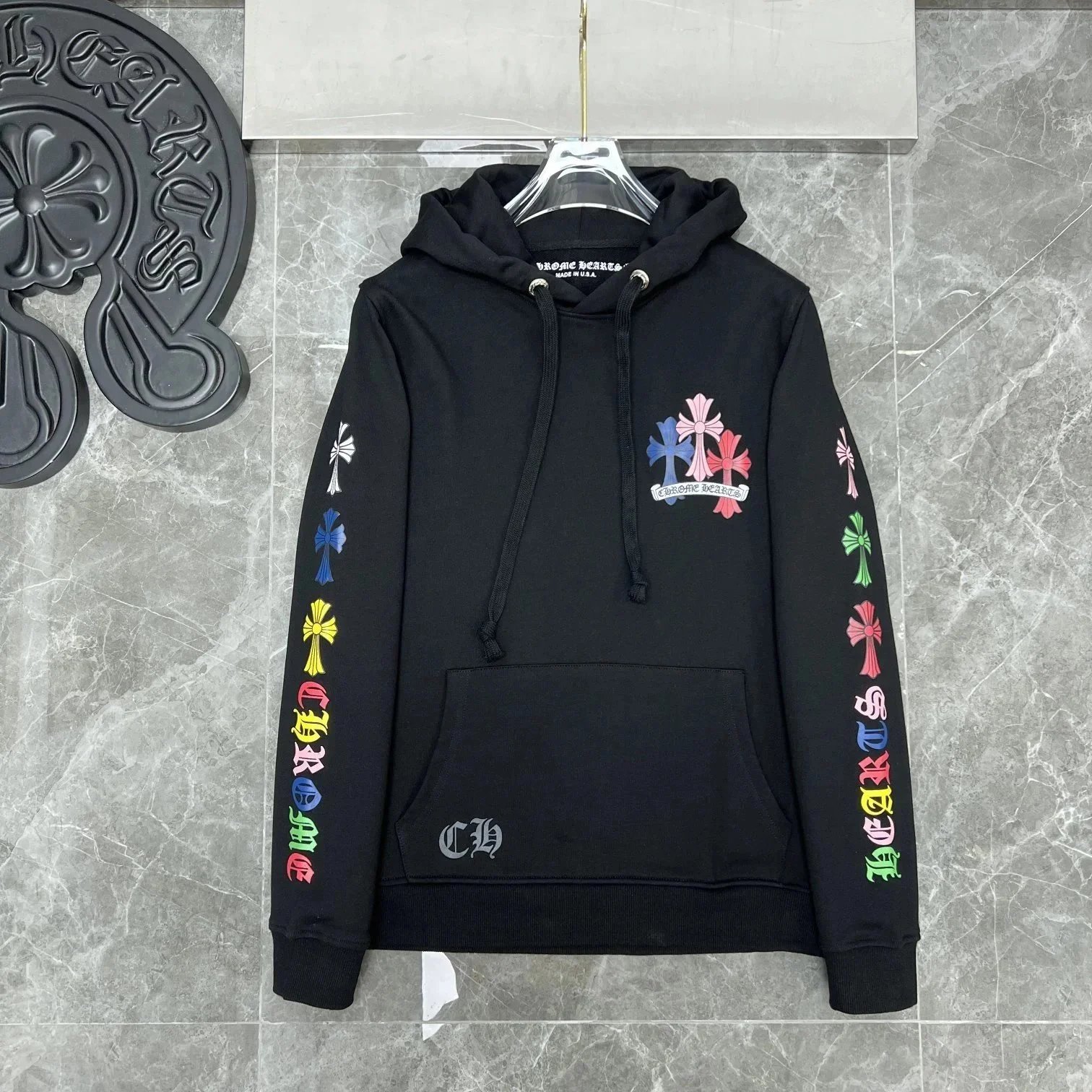Chrome Hearts Hoodies & Sweatshirts Graphic hooded sweatshirt with cross, horseshoe, and paint-splatter designs — CH-60