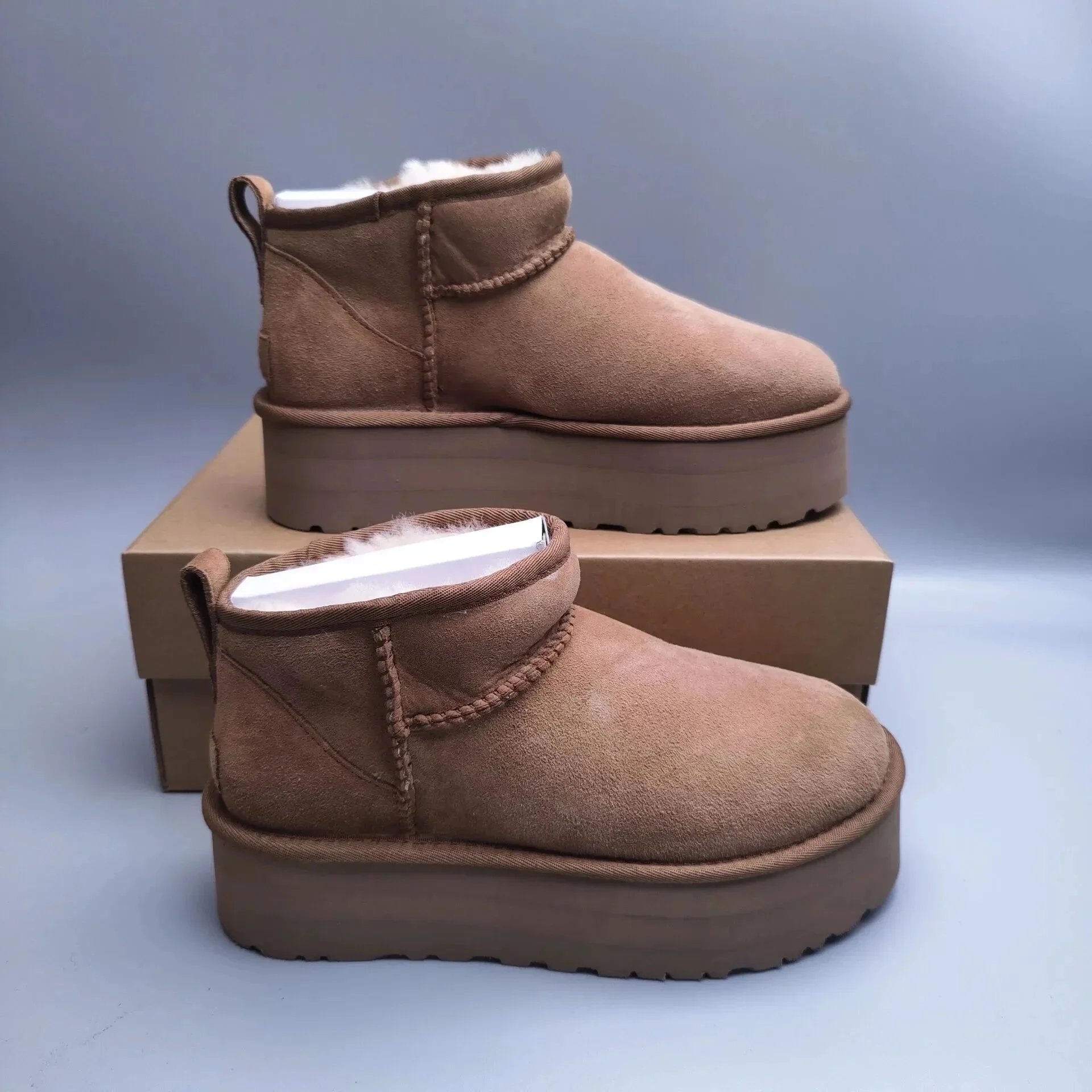 UGG Fluff Platform Slipper Beige Suede Slippers - 3