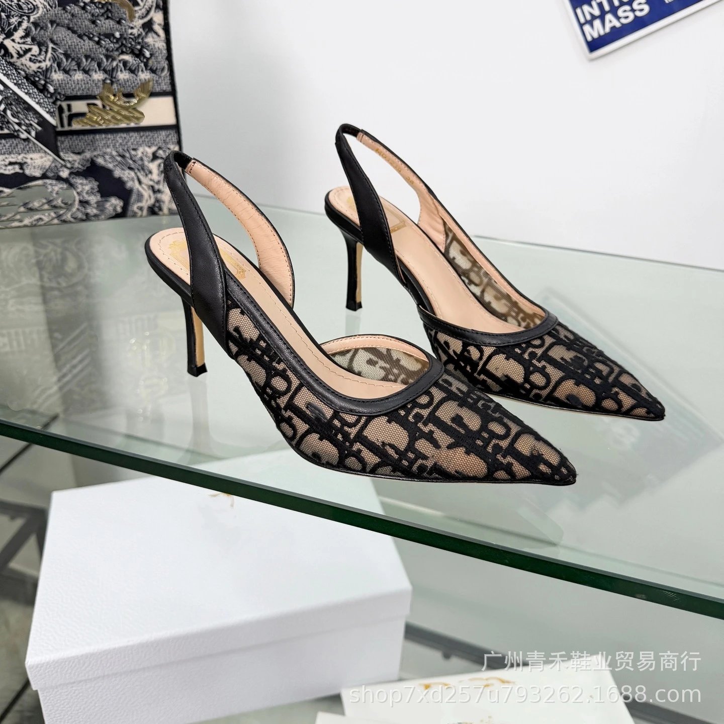 Dior Slingback Black Monogram Mesh Pointed-Toe Heels