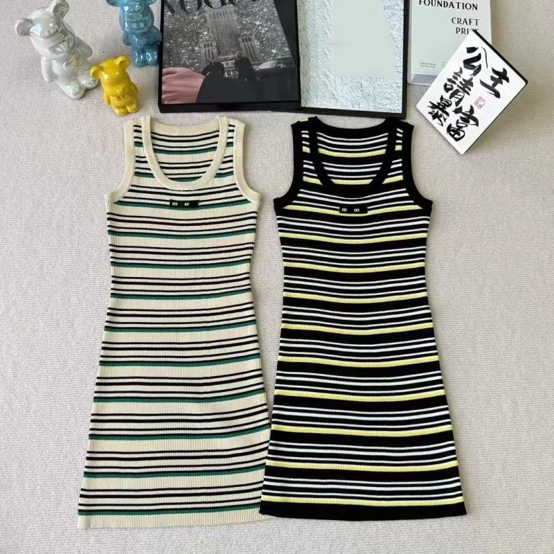 Striped Knit Sleeveless Dress Green And Black Casual
