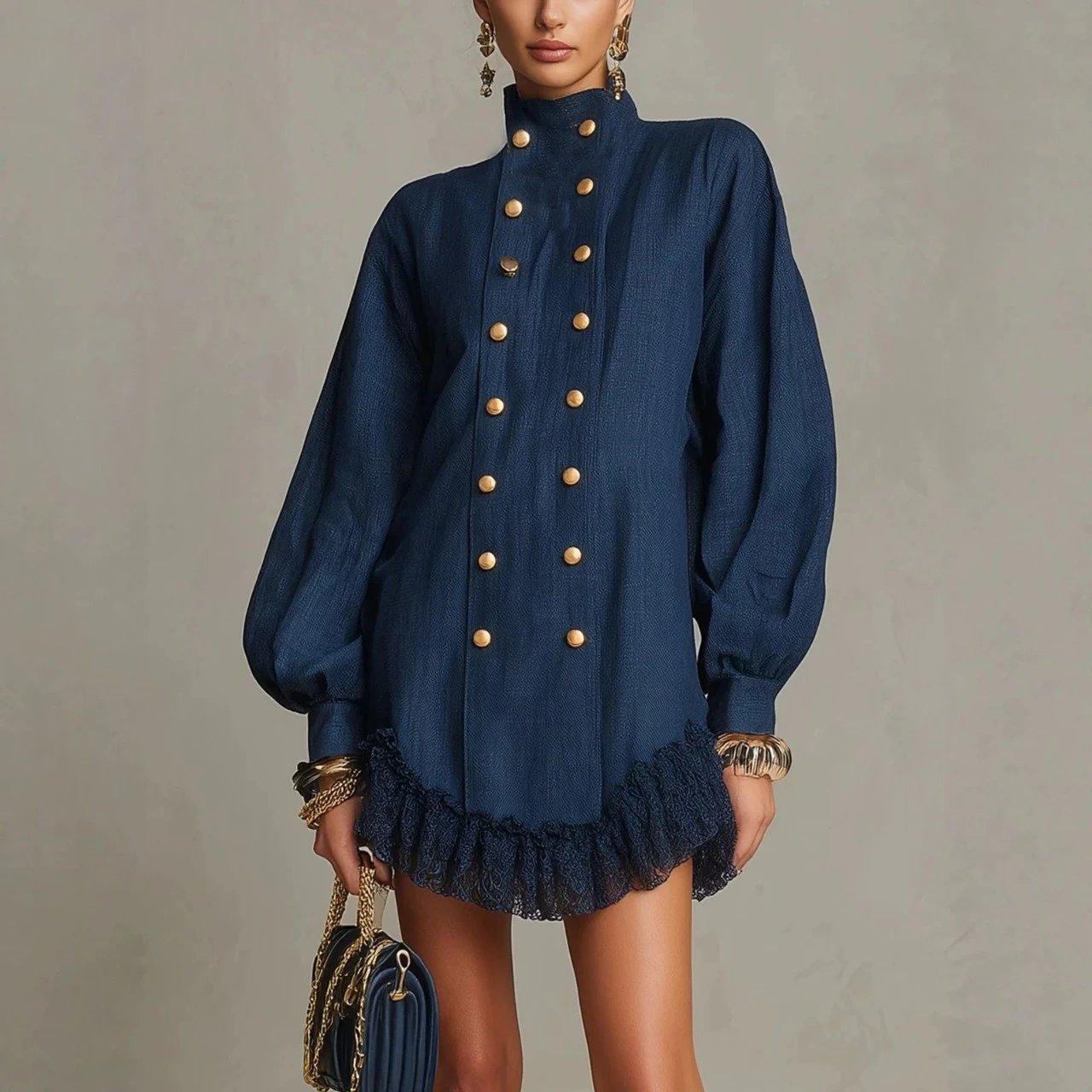 Blue Double Button High Neck Ruffle Dress