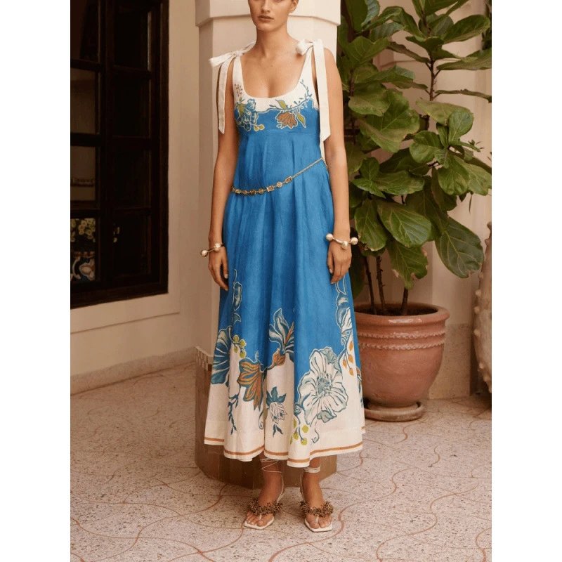 Floral Print Blue Midi Dress Women's Summer Style