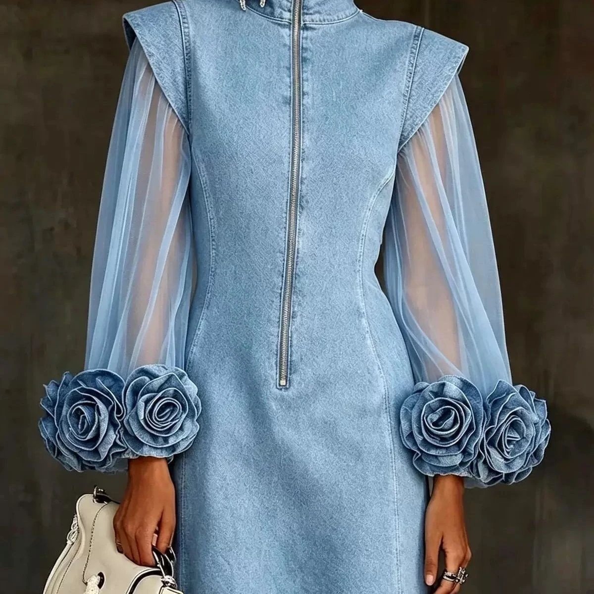 Denim Rose Sleeve Blue Elegant Dress