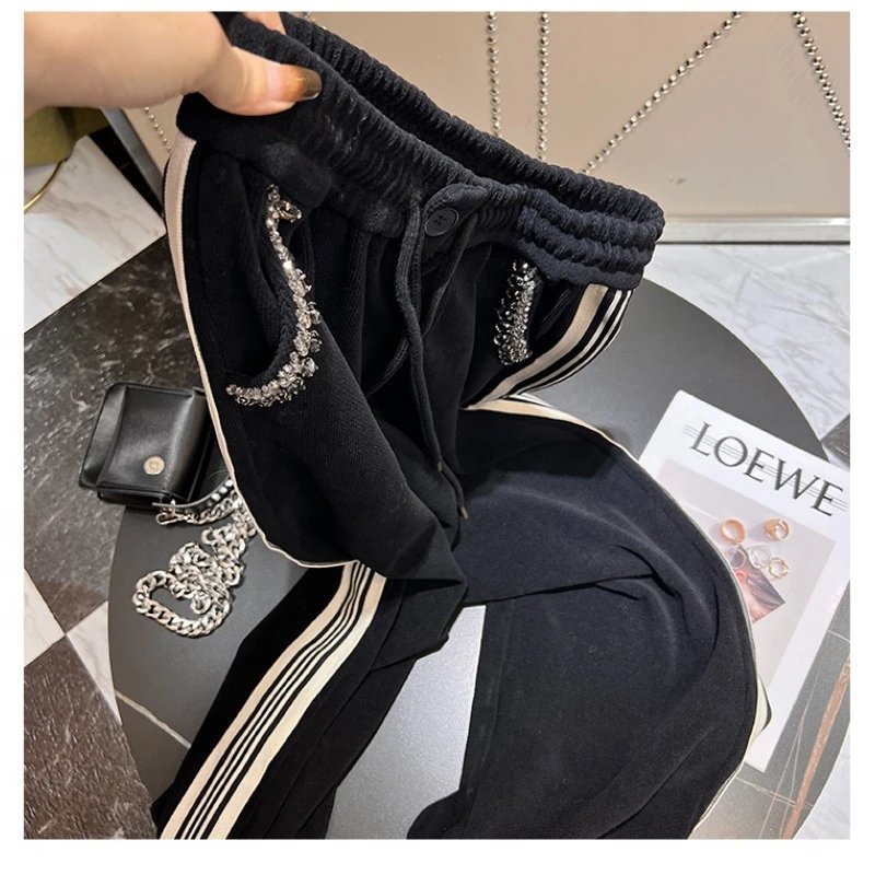 Black Track Trousers With Rhinestone Trim Casual Style
