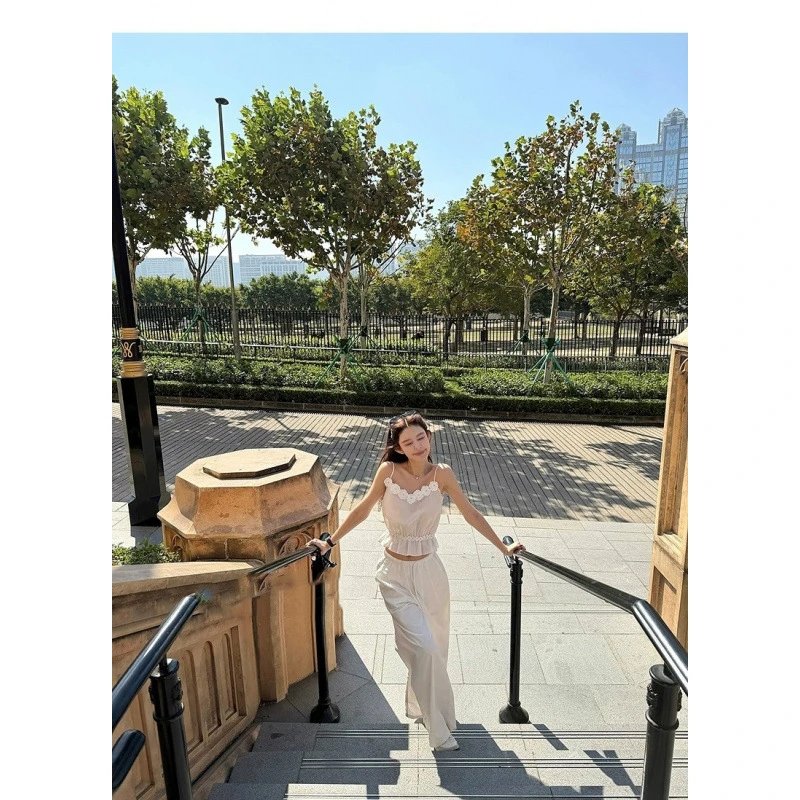 White Lace Top White Wide Leg Pants Set Casual Outfit