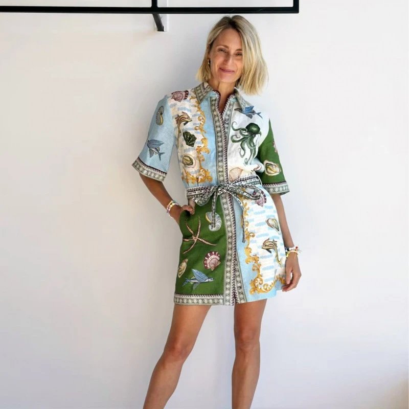Ocean Print Shirt Dress Green Blue Casual Style