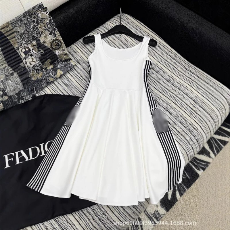 White Sleeveless Dress With Striped Panels Casual