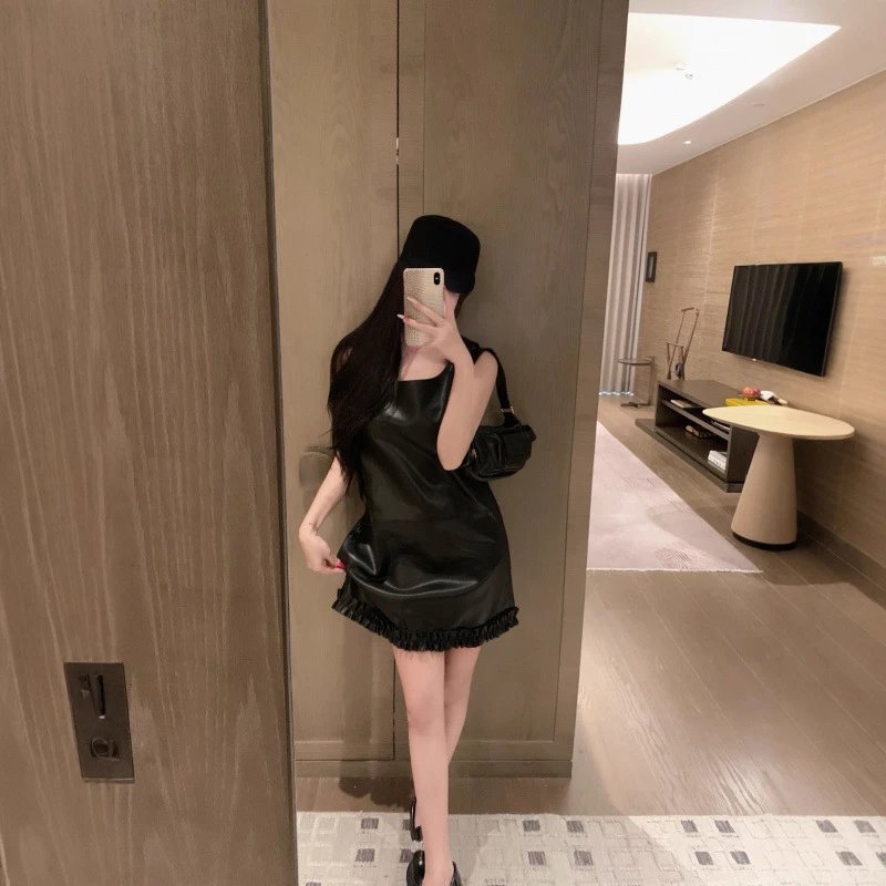 Leather Mini Dress Black Sleeveless Fashion