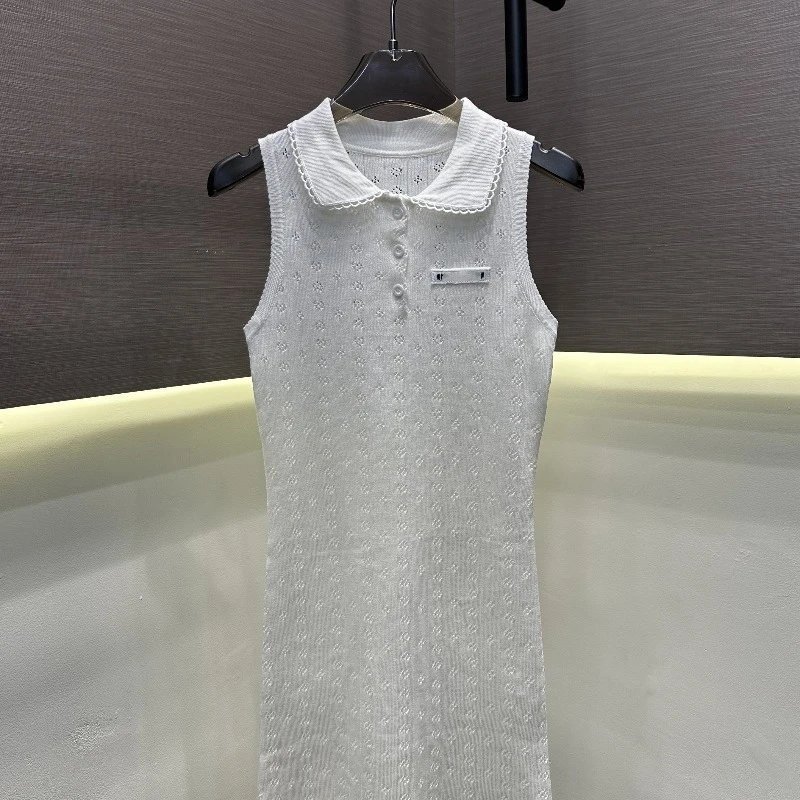 White Knit Sleeveless Dress With Peter Pan Collar